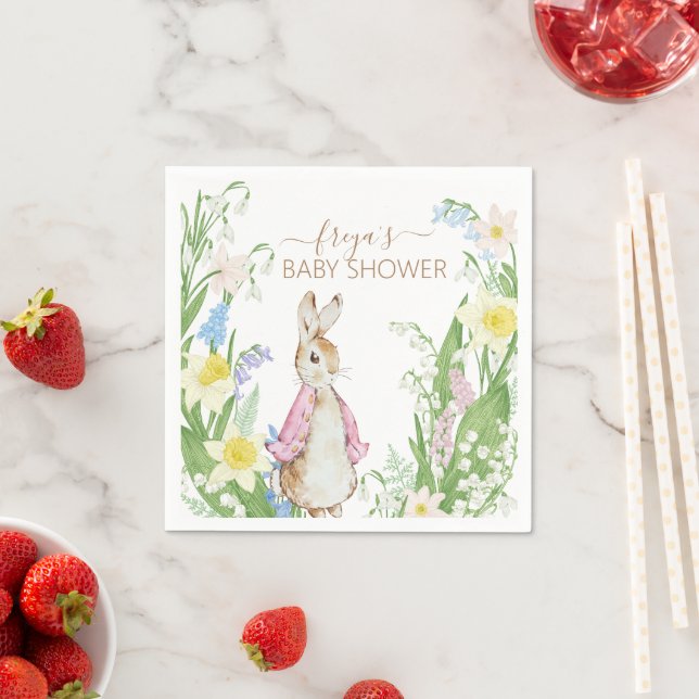 Serviette En Papier Pierre le lapin Printemps fleurit Baby shower rose (En situation)