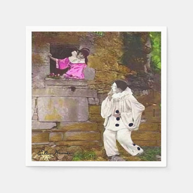 Serviette En Papier Pierrot et Columbine Cocktail Napkin (Devant)