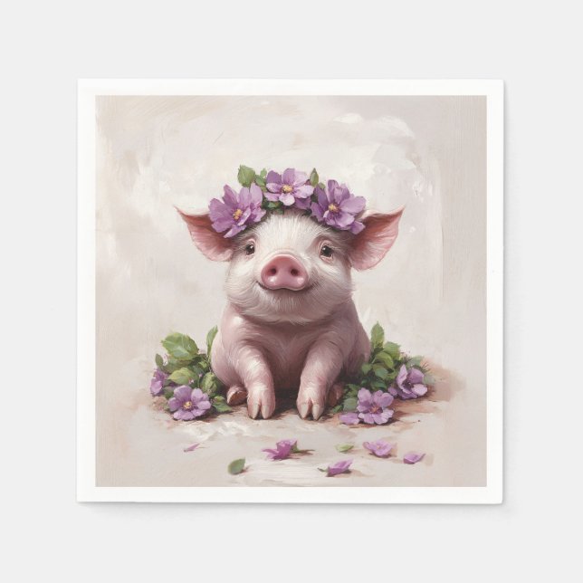 Serviette En Papier Piglet dans une couronne de fleurs violettes (Devant)