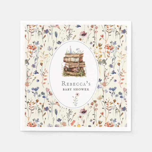 Serviette En Papier Pile de livres baby shower aquarelle, fleur sauvag (Devant)