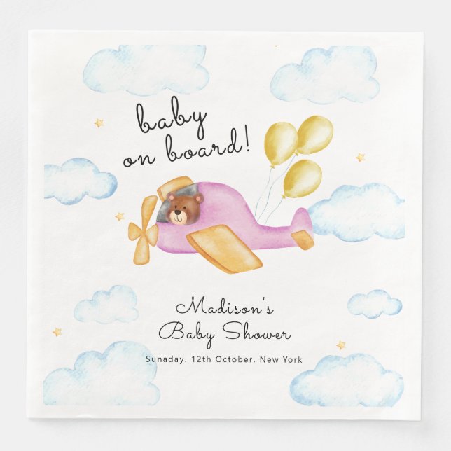 Serviette En Papier Pilot Teddy Bear Balloon Airplane Baby Shower  (Devant)