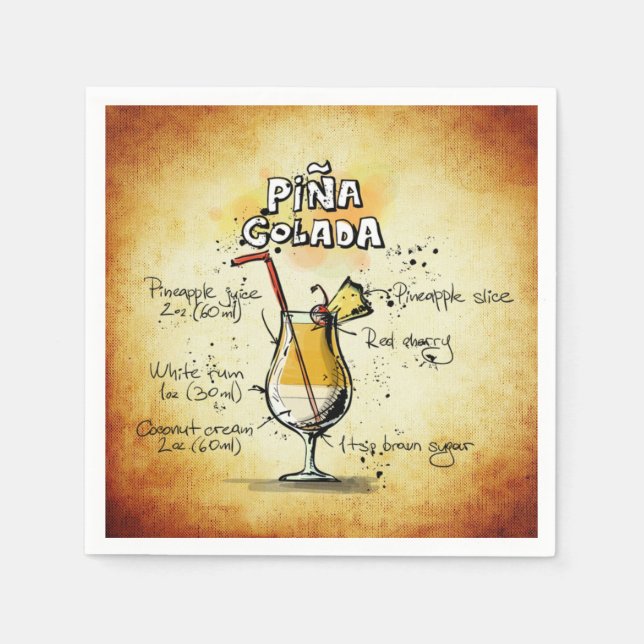 Serviette En Papier Pina Colada Recette Bar Papier Or (Devant)