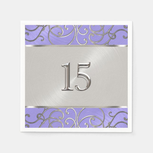 Serviette En Papier Pinces Filigree d'Argent Violet Quinceanera (Devant)