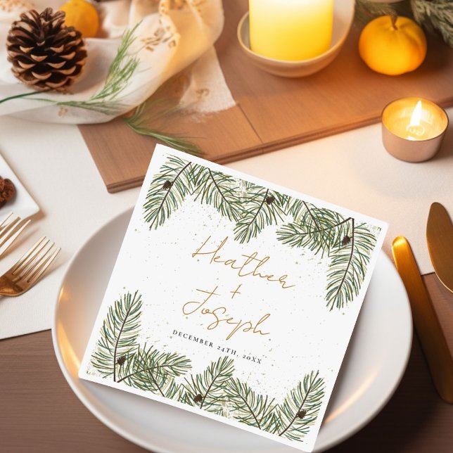 Serviette En Papier Pine & Gold Noël Foliage Mariage festif (Créateur téléchargé)