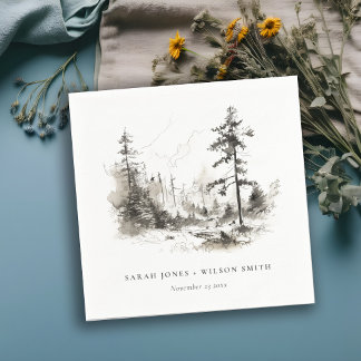 Serviette En Papier Pine Woods Mountain Paysage Mariage de croquis