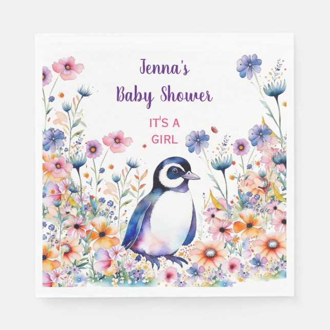 Serviette En Papier Pingouin bébé en fleurs C'est une fille | BABY SHO (Devant)