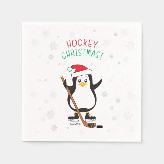 Serviette En Papier Pingouin de Noël de hockey (Devant)