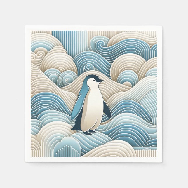Serviette En Papier Pingouin En Crème Bleu Vagues Abstraites (Devant)