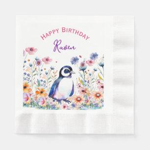 Serviette En Papier Pingouin en fleurs Fille Anniversaire Personnalisé