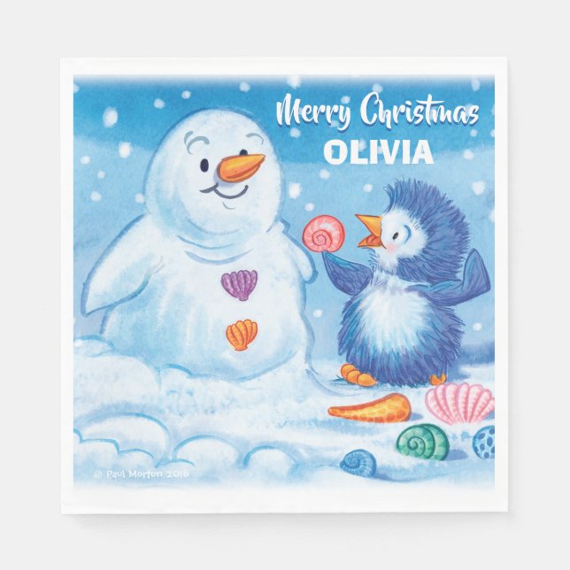 Serviette En Papier Pingouin et bonhomme de neige mignons de Noël de (Devant)