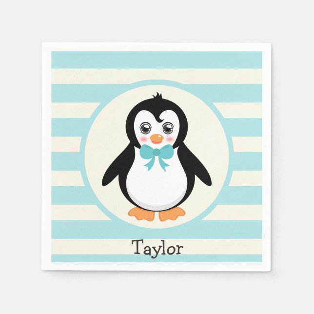 Serviette En Papier Pingouin mignon avec Bowtie Turquoise (Devant)
