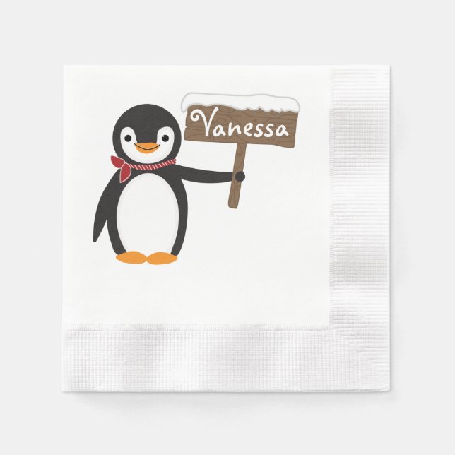 Serviette En Papier Pingouin mignon avec écusson et signe en bois (Devant)