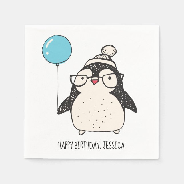 Serviette En Papier Pingouin mignon avec un ballon Anniversaire person (Devant)