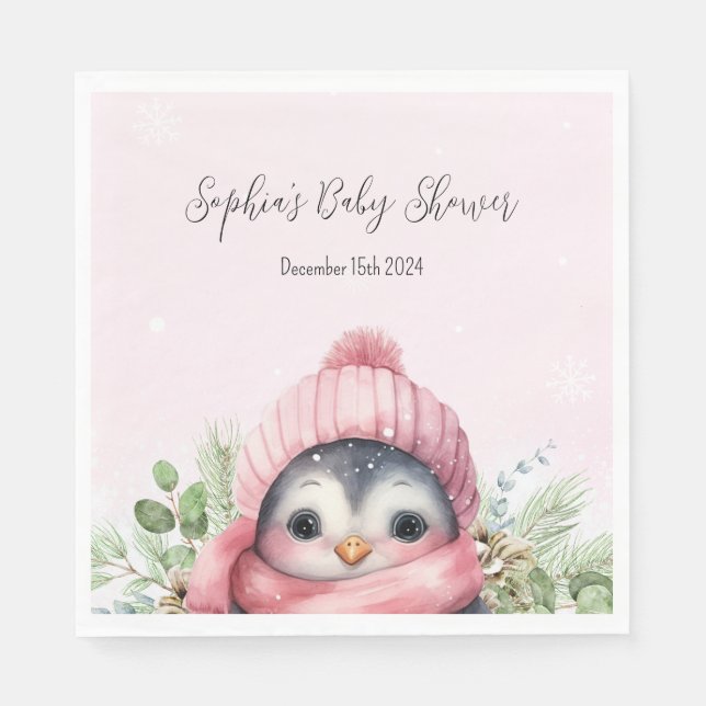 Serviette En Papier Pingouin rose mignonne Baby shower d'hiver serviet (Devant)