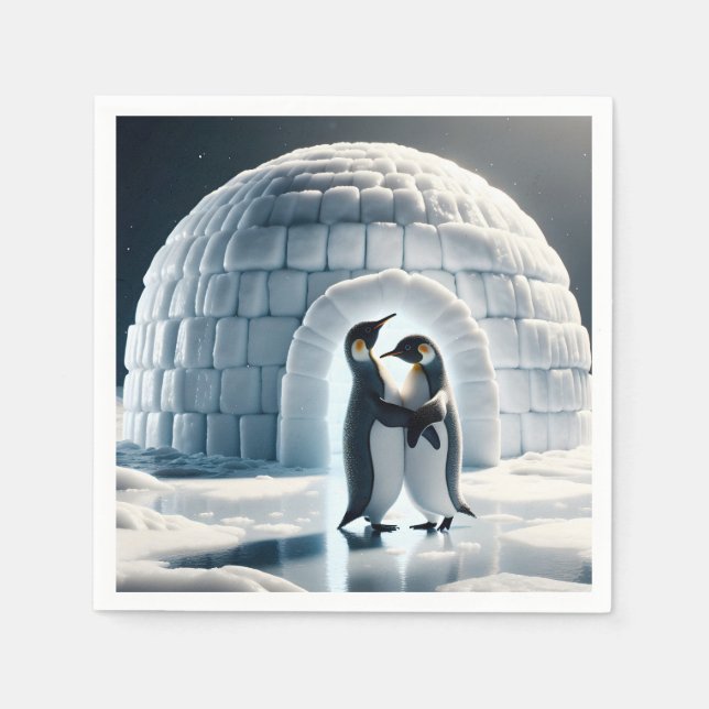 Serviette En Papier Pingouins Dansant Lente Par Igloo (Devant)