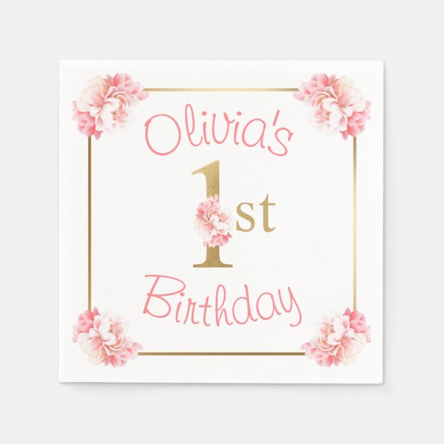 Serviette En Papier Pink 1er Anniversaire Fille Fête Florale (Devant)