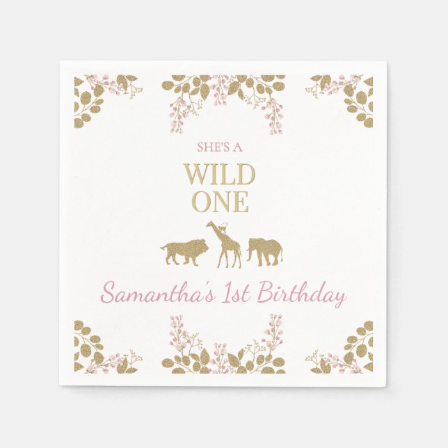 Serviette En Papier Pink and Gold Wild One 1st Girl Birthday Party (Devant)