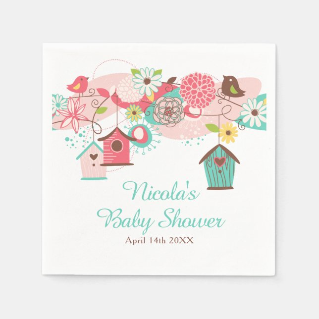 Serviette En Papier Pink and Green Floral Bird Cages Baby Shower (Devant)