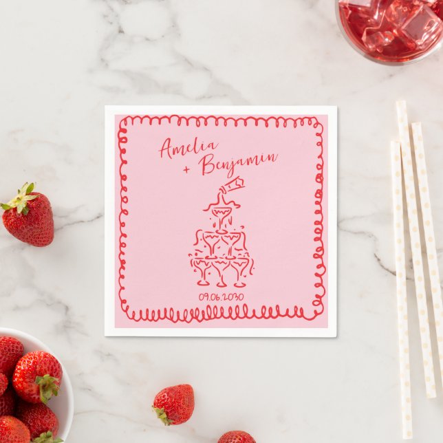 Serviette En Papier pink and red hand drawn heart whimsical wedding (En situation)