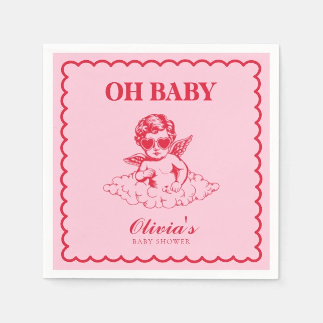 Serviette En Papier Pink and Red Retro Cherub Baby Shower (Devant)