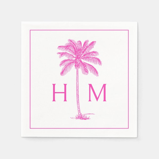 Serviette En Papier Pink and White Palm Palmetto Tree Monogram (Devant)