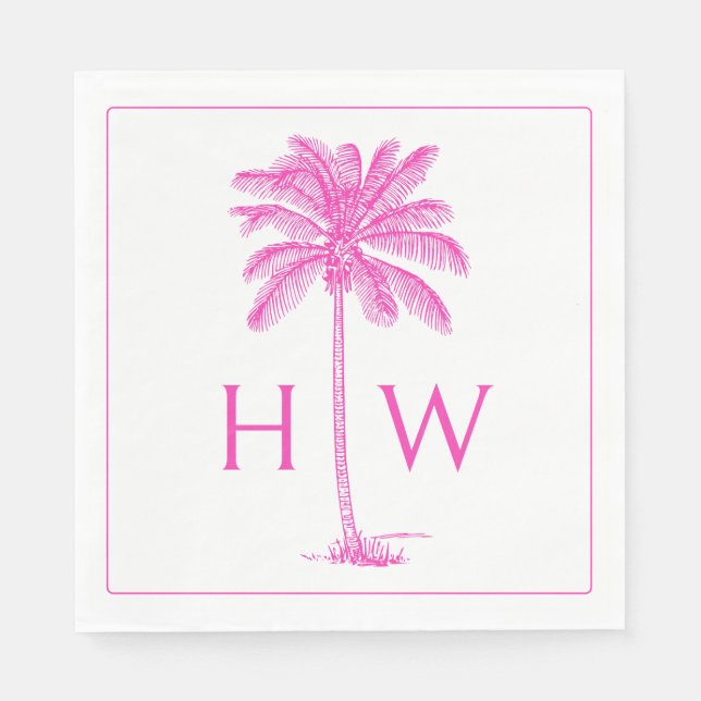 Serviette En Papier Pink and White Palm Palmetto Tree Monogram (Devant)