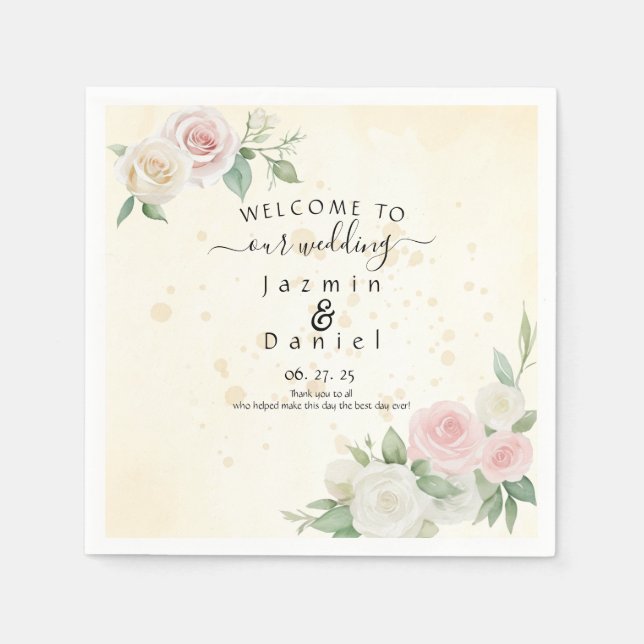 Serviette En Papier Pink and White Rose Dusky Blooms Program Fans (Devant)