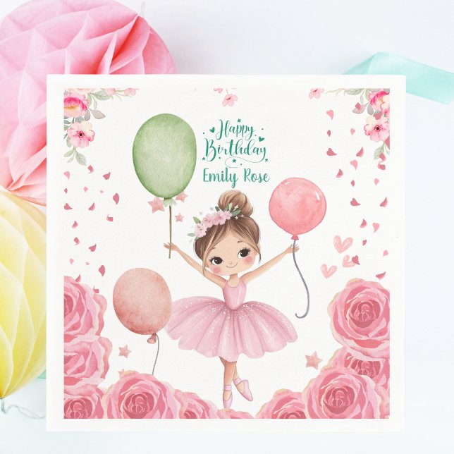 Serviette En Papier Pink Ballet Theme with Name & Balloons (Personalized Ballerina Birthday Party Napkins - Pink Ballet Theme with Name & Balloons)