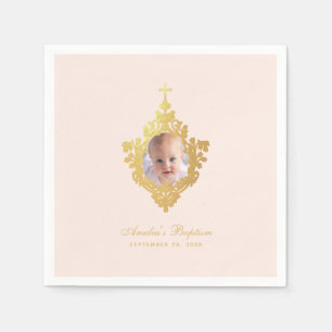Serviette En Papier Pink Baptism Girl Photo Faux Gold Cross Vintage