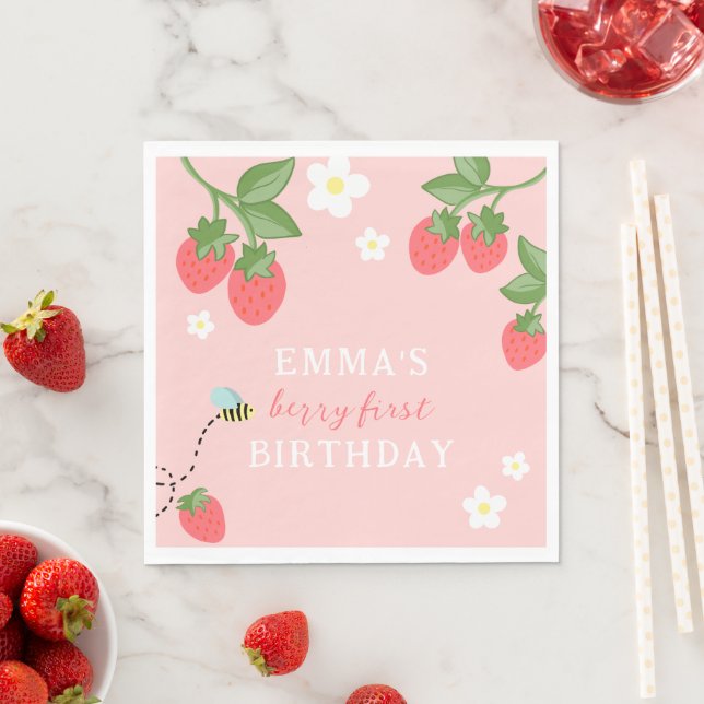 Serviette En Papier Pink Berry First Girls Strawberry 1st Birthday (En situation)