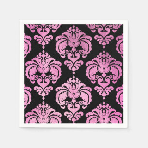 Serviette En Papier Pink & Black Damask Vintage Wedding Event Party