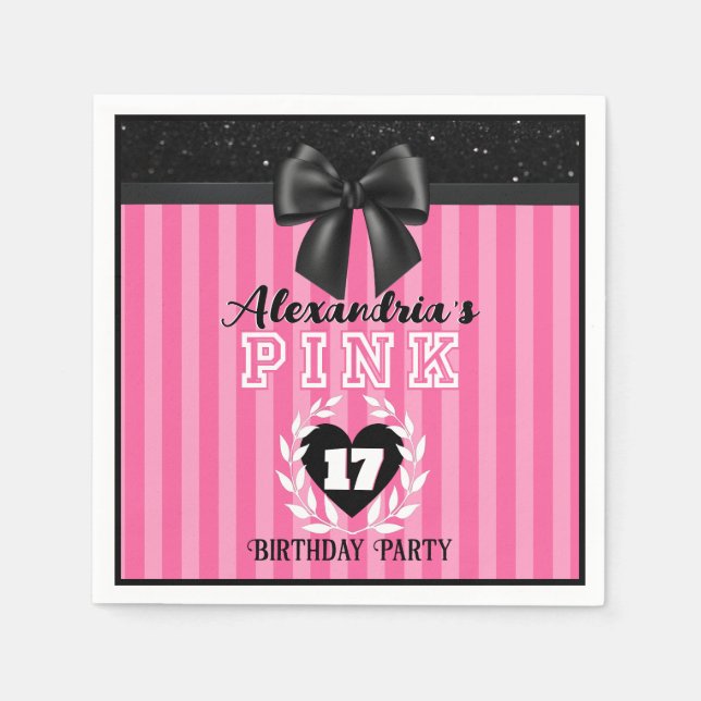 Serviette En Papier PINK Black Stripes Fille Anniversaire / Pajama Par (Devant)
