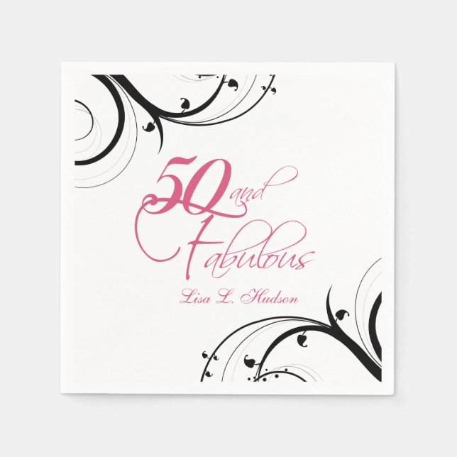 Serviette En Papier Pink Black Swirls 50e et Fabulous! Anniversaire (Devant)