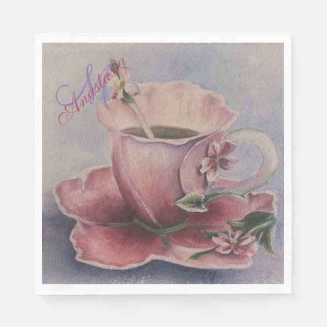 SERVIETTE EN PAPIER PINK BLOSSOM TEA CUP MONOGRAM PARTI (Devant)