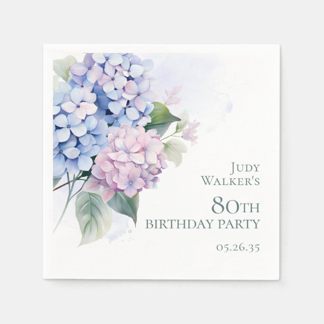 Serviette En Papier Pink Blue Hydrangeas fête de 80e anniversaire (Devant)