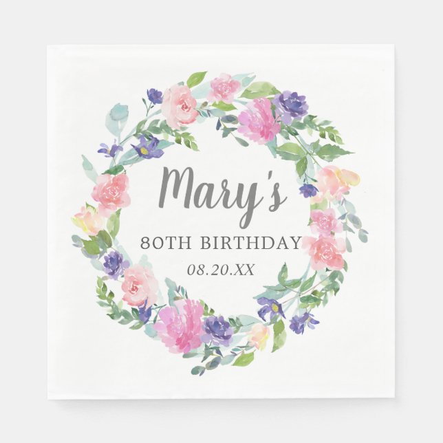 Serviette En Papier Pink Blue Purple Floral 80e anniversaire (Devant)