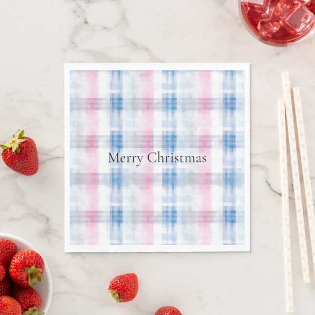Serviette En Papier Pink Blue White Plaid Stripes Christmas (En situation)