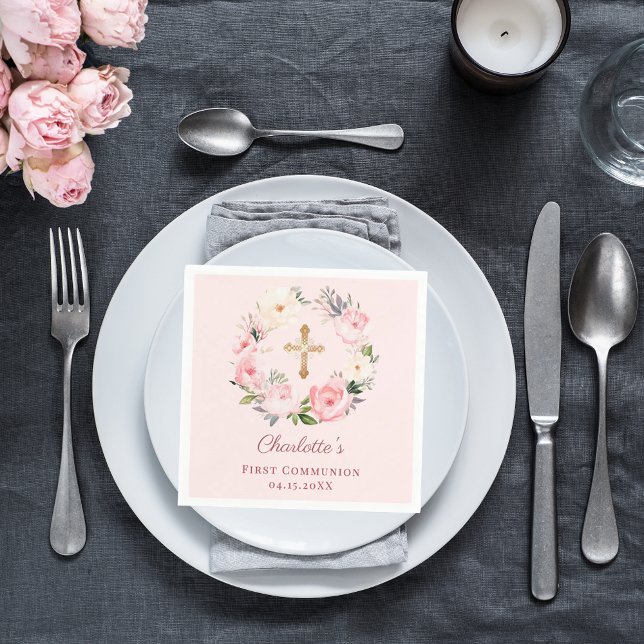 Serviette En Papier Pink blush floral wreath girl First Communion (Créateur téléchargé)