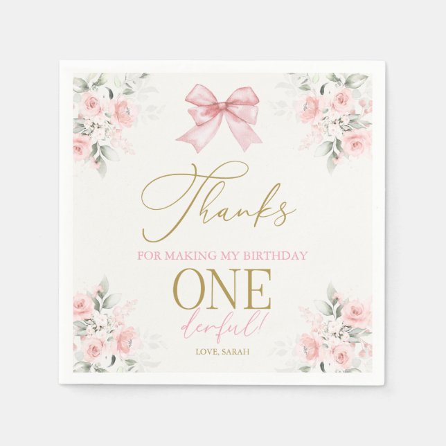 Serviette En Papier Pink Bow 1er anniversaire fille serviettes (Devant)