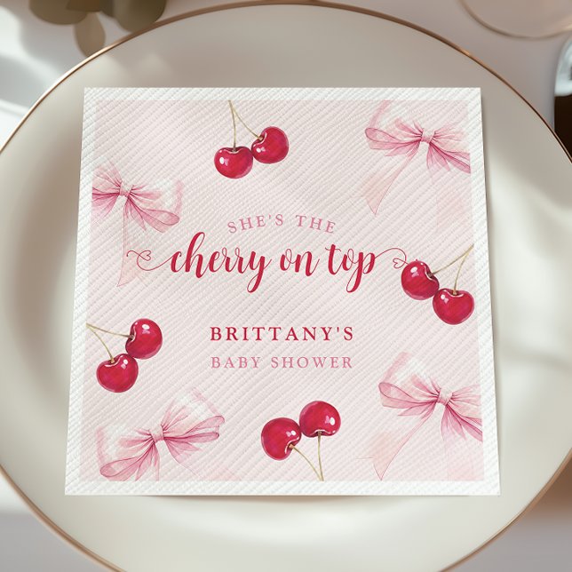 Serviette En Papier Pink Bow Cherry Baby Shower Napkins (Créateur téléchargé)