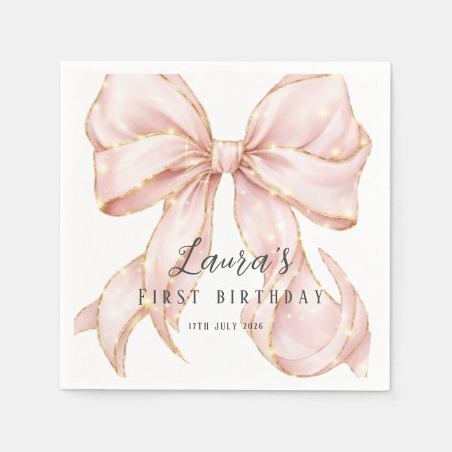 Serviette En Papier Pink Bow Girl First Birthday Party  (Devant)