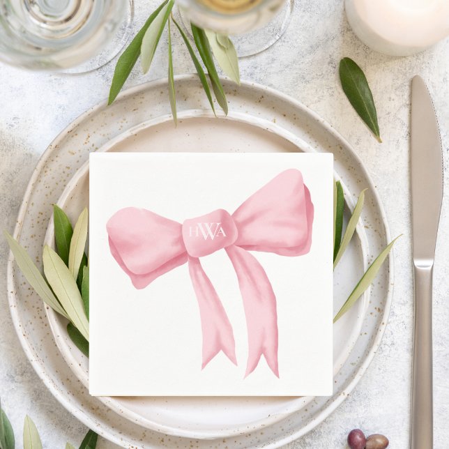Serviette En Papier Pink Bow Monogram Preppy Napkin (Créateur téléchargé)
