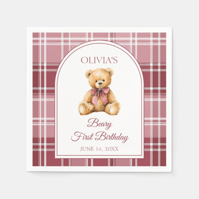 Serviette En Papier Pink Bow Preppy Teddy Bear 1st Birthday (Devant)