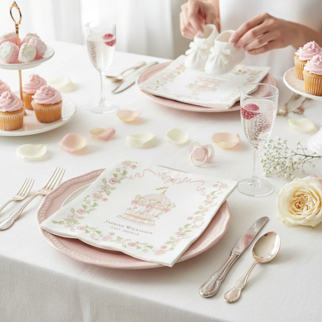Serviette En Papier Pink Carousel Floral Baby Shower Paper Napkins (Créateur téléchargé)