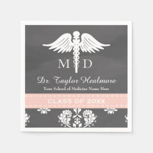 Serviette En Papier Pink Chalkboard Caduceus Médicale School Graduatio