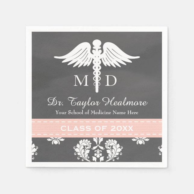 Serviette En Papier Pink Chalkboard Caduceus Médicale School Graduatio (Devant)