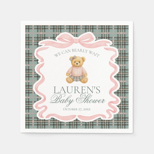 Serviette En Papier Pink Coquette Bow Bear Tartan Plaid Baby Shower (Devant)