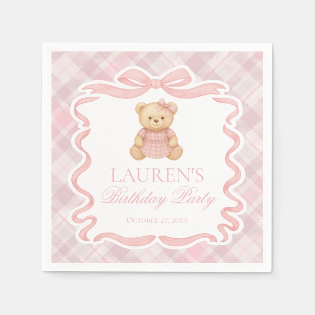Serviette En Papier Pink Coquette Bow Bear Tartan Plaid Birthday (Devant)