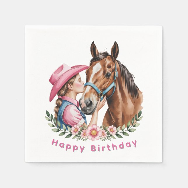 Serviette En Papier Pink Cowgirl Kissing a Horse Birthday Party (Devant)