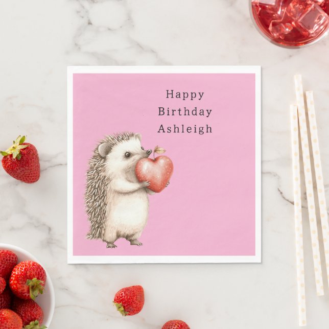 Serviette En Papier Pink Cute Hedgehog Heart Animal Birthday (En situation)